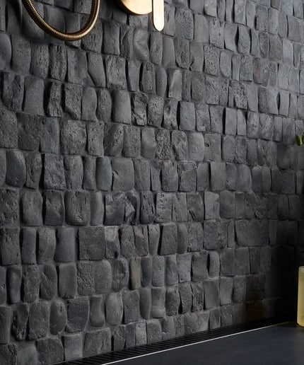 Textured black stone wall with a plant and light fixture in the corner.