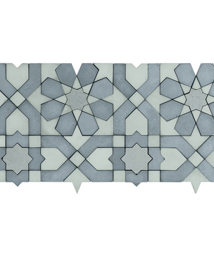 Alpana fes ocean mosaic stone tile. Geometric tile pattern with star shapes in gray and white on a white background