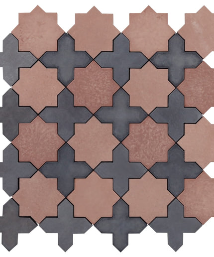Alpana mara tiles single piece. Pattern of interlocking star-shaped tiles in brown and gray on a white background.