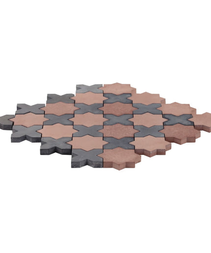 Alpana mara tiles single piece. Hexagonal interlocking tiles in gray and pink on a white background