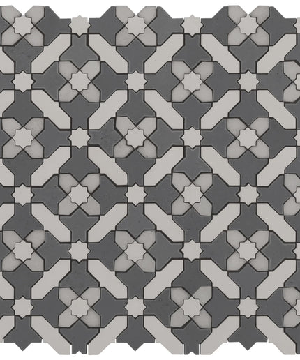 Alpana safi cloud mosaic stone tile. Mosaic pattern of interlocking shapes in gray and white