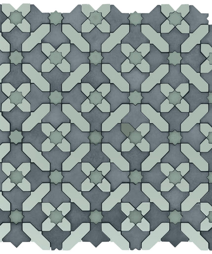 Alpana safi ocean mosaic stone tile. Geometric tile pattern in shades of gray and green