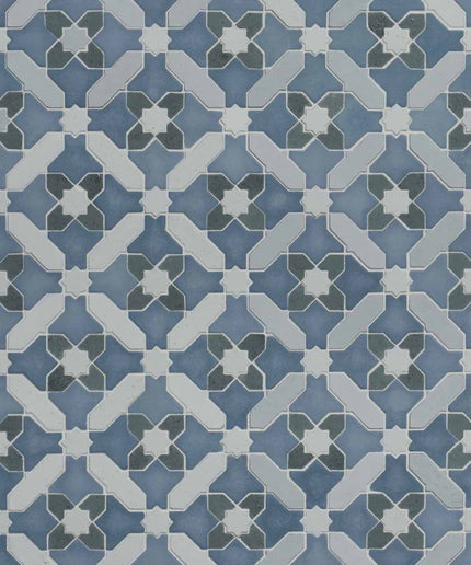 Patterned tile design with blue, gray, and white colors