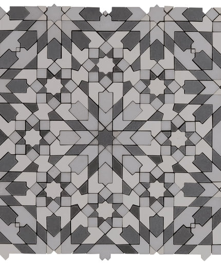 Alpana taza cloud 14x14 mosaic tile. Geometric mosaic pattern in gray tones on a white background