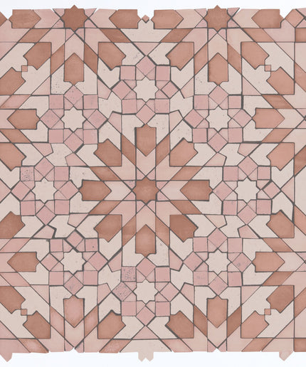 Alpana taza terra 14x14 mosaic tile. Geometric tile pattern with pink and beige colors on a white background