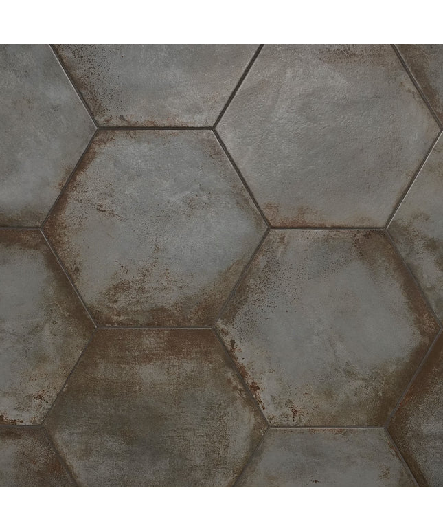 Hexagonal tiles with a rustic, brownish-gray color pattern