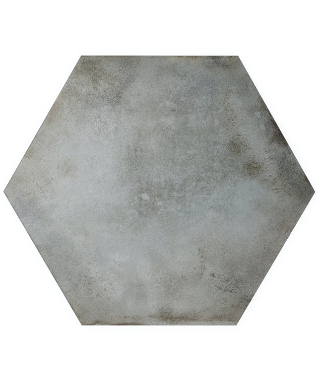 Hexagonal concrete tile with a gray finish on a white background