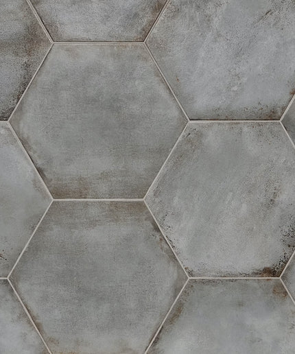 Hexagonal tiles with a concrete-like texture and color pattern