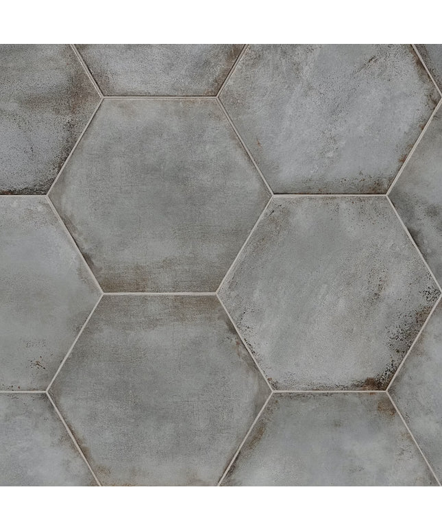 Hexagonal tiles with a concrete-like texture and color pattern