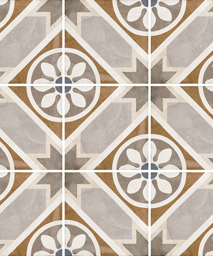Patterned tiles with geometric design in brown, gray, and white.