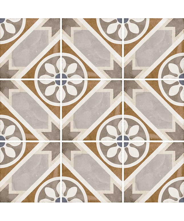 Patterned tiles with geometric design in brown, gray, and white.