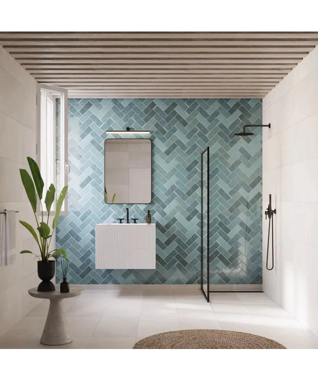 aqua herringbone wall tiles
