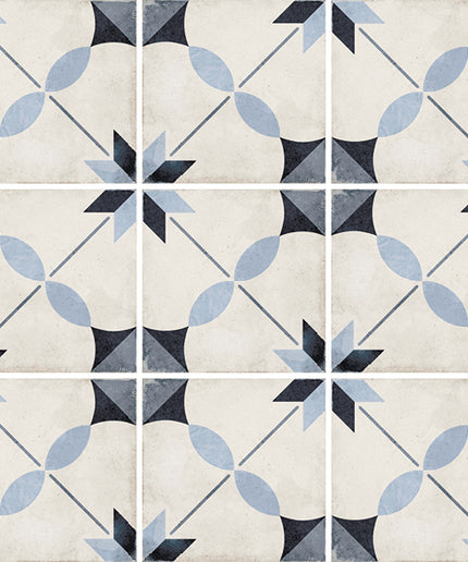 Geometric patterned tiles with blue and black shapes on a white background