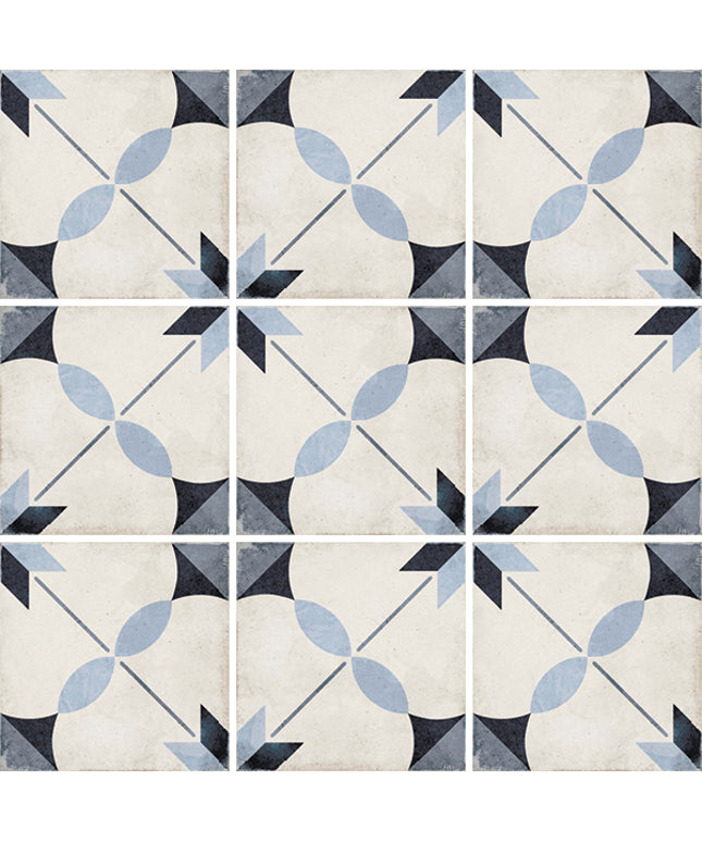 Geometric patterned tiles with blue and black shapes on a white background
