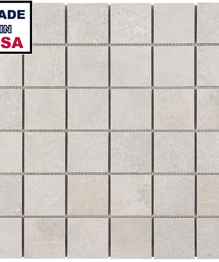 Gray mosaic tiles with 'Made in USA' label