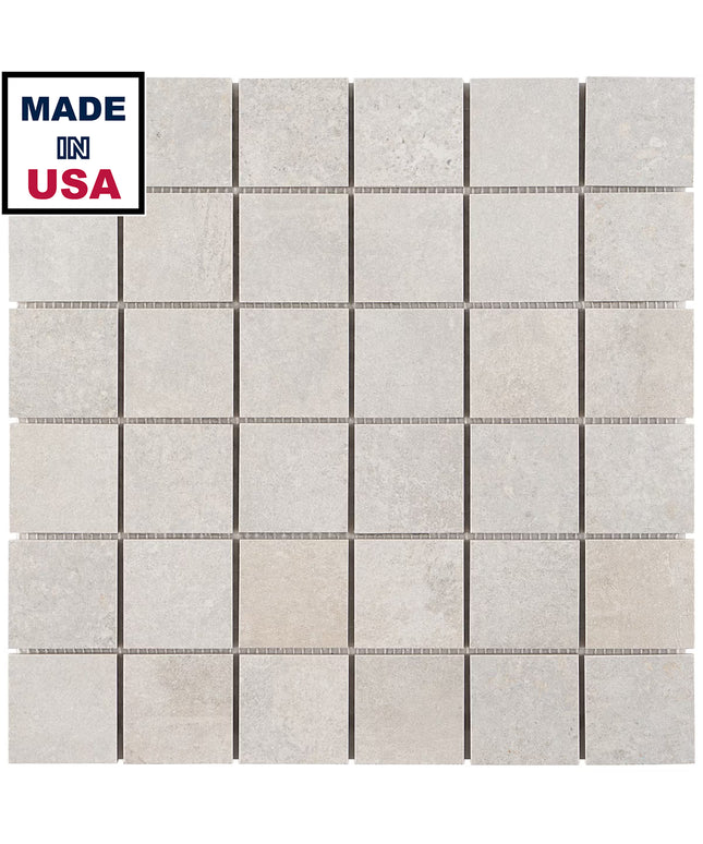 Gray mosaic tiles with 'Made in USA' label