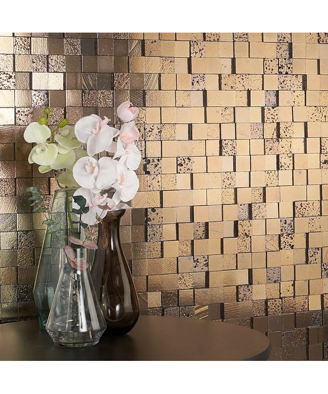 Decorative wall with mosaic tile pattern featuring two vases with flowers.