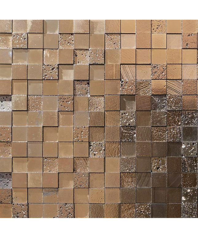 Pattern of square tiles in various shades of brown and beige.
