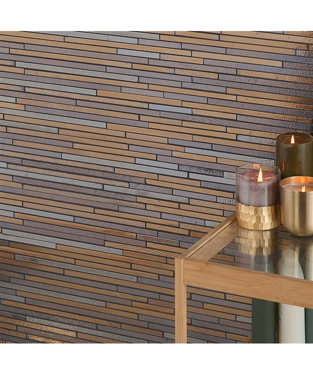 Wooden wall with a brick pattern and candles on a table.