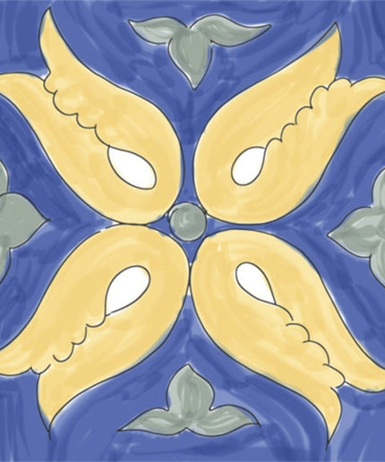 Hand-painted ceramic tile with yellow floral pattern and blue background, 6x6 decorative tile.
