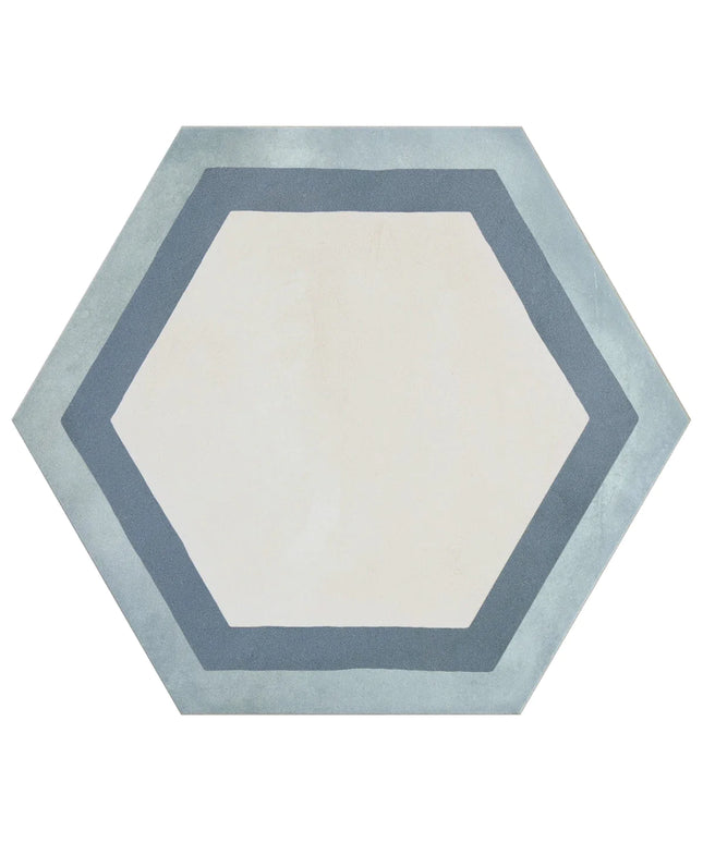 Hexagonal rug with a light blue border on a white background