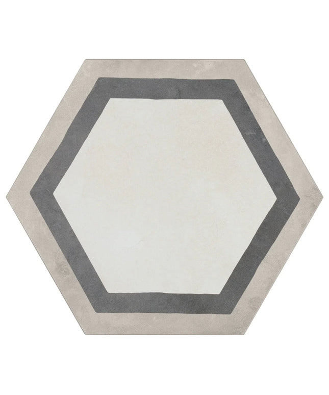 Hexagonal rug with a gray border on a white background