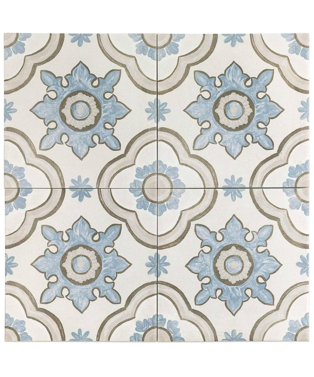 Decorative tiles with floral patterns in blue and beige on a white background