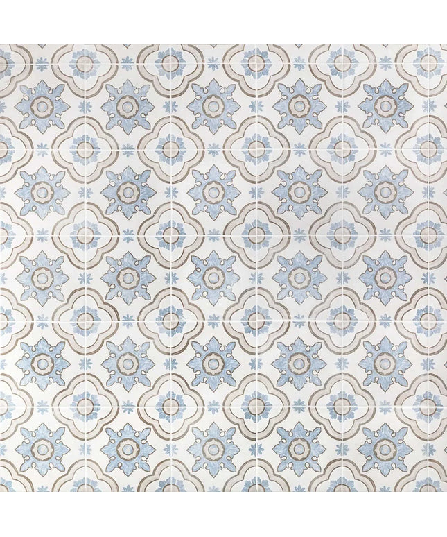Patterned tile design with blue and beige colors on a white background