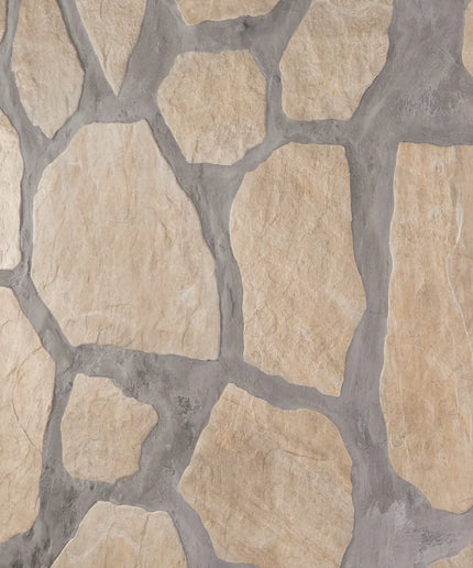 Close-up of stone-patterned tiles with beige and gray colors