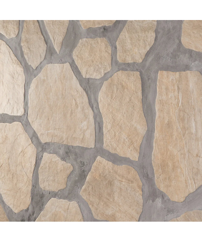 Close-up of stone-patterned tiles with beige and gray colors