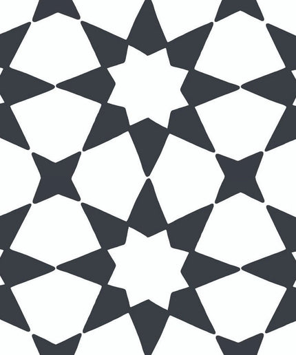 Black and white 8x8 Andromeda tile with geometric star pattern for floors or backsplash