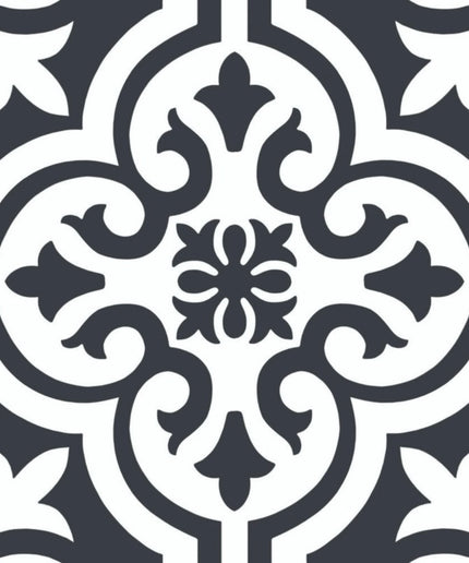 Black and white 8x8 garden tile with ornate floral geometric pattern
