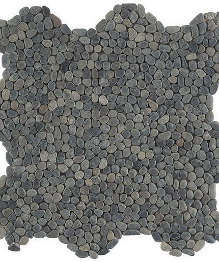 Black lava stone mosaic tile sheet with smooth, rounded pebbles for flooring or backsplash.