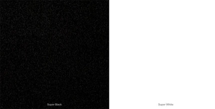 Black and white color swatch comparison labeled 'Super Black' and 'Super White'.