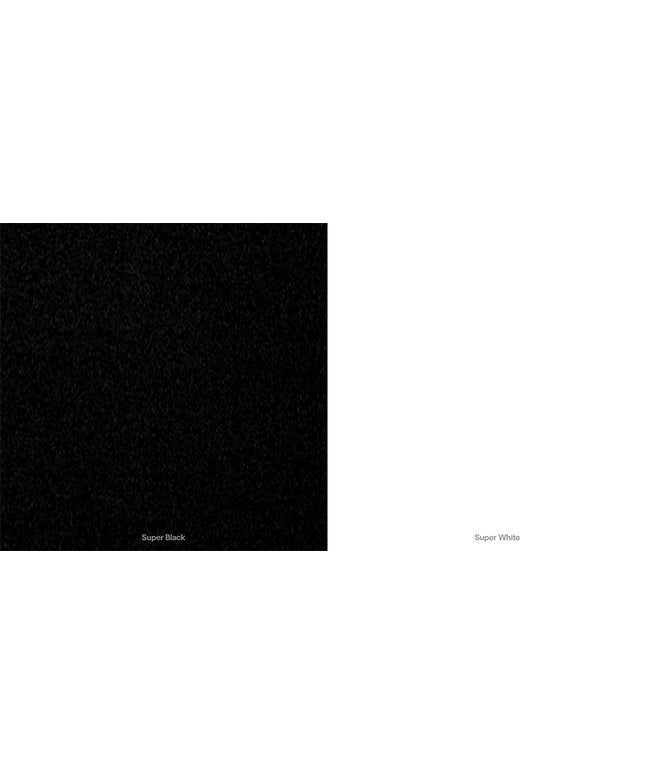 Black and white color swatch comparison labeled 'Super Black' and 'Super White'.