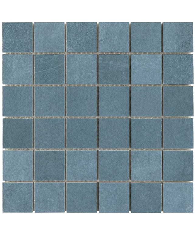 Blue square tiles with a grid pattern