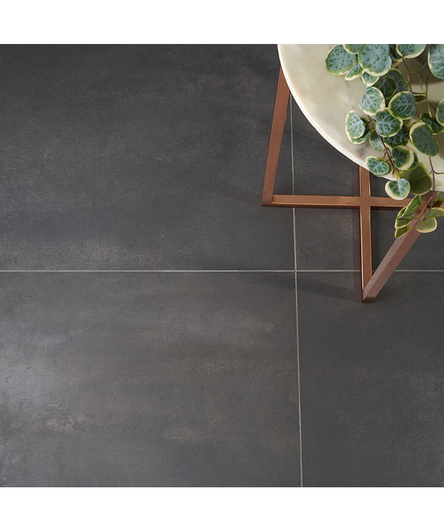 Dark gray tiles with a decorative plant and stand in the corner