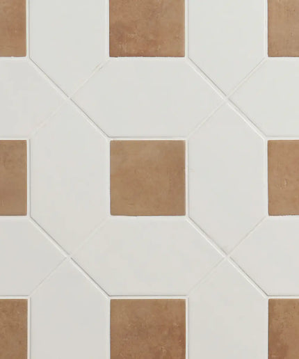Hexagonal tiles with a pattern of brown and white squares