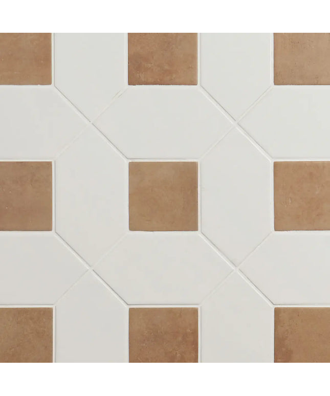 Hexagonal tiles with a pattern of brown and white squares