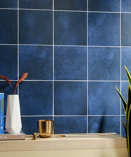 Blue tiled wall with decorative items and a plant