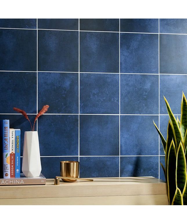 Blue tiled wall with decorative items and a plant