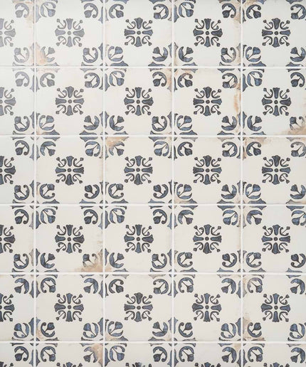 Blue and white patterned ceramic wall tiles, vintage style, ideal for kitchen backsplash or bathroom.