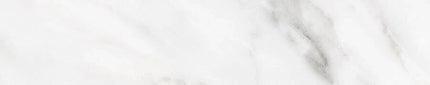 Calacatta marble look tile, white with subtle gray veining, 4x20 size, polished finish