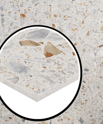 Close-up of a terrazzo pattern with a magnified inset showing texture details.