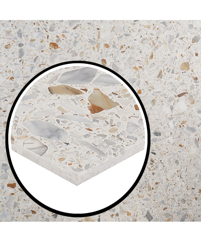 Close-up of a terrazzo pattern with a magnified inset showing texture details.