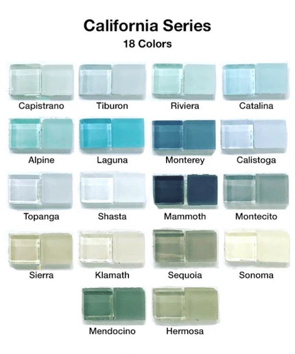 California Series glass tile color guide with 18 floor and wall tile options shown in swatches.
