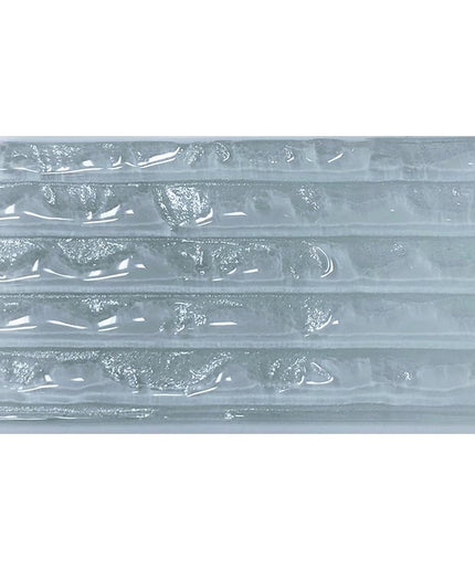Glossy light blue textured glass tile with horizontal ridges, ideal for kitchen backsplash or shower