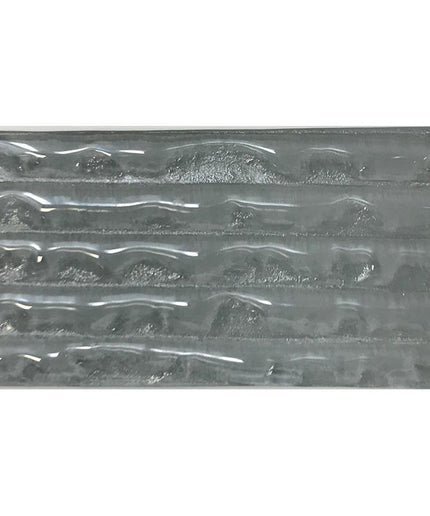 Glossy gray ceramic tile with textured, wave-like surface design for bathrooms or backsplash.