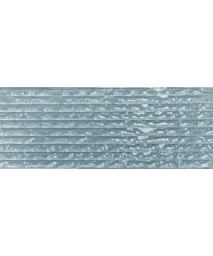Rectangular light blue glass tile with horizontal textured ridges, ideal for backsplash or walls