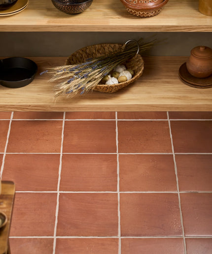 Canyon terracotta 9x9 wall tiles with rustic finish in a kitchen setting